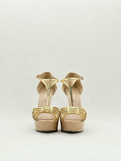 Pre - loved SERGIO ROSSI Beige & Gold Size EU 40 Heeled Sandals at Reems Closet