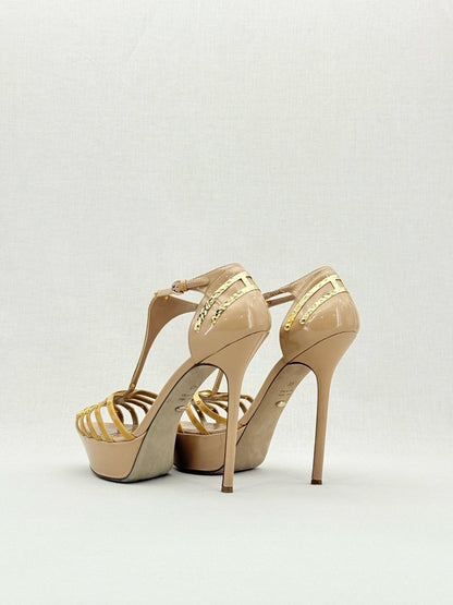 Pre - loved SERGIO ROSSI Beige & Gold Size EU 40 Heeled Sandals at Reems Closet