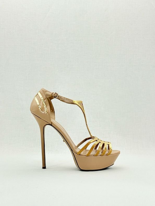 Pre - loved SERGIO ROSSI Beige & Gold Size EU 40 Heeled Sandals at Reems Closet