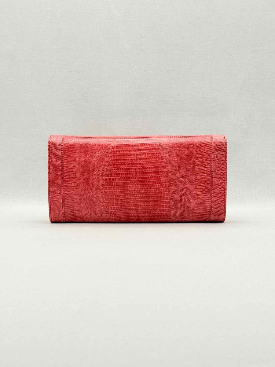 Pre-loved SERGIO ROSSI Coral Lizard Embossed Clutch at Reems Closet