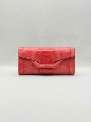 Pre-loved SERGIO ROSSI Coral Lizard Embossed Clutch at Reems Closet