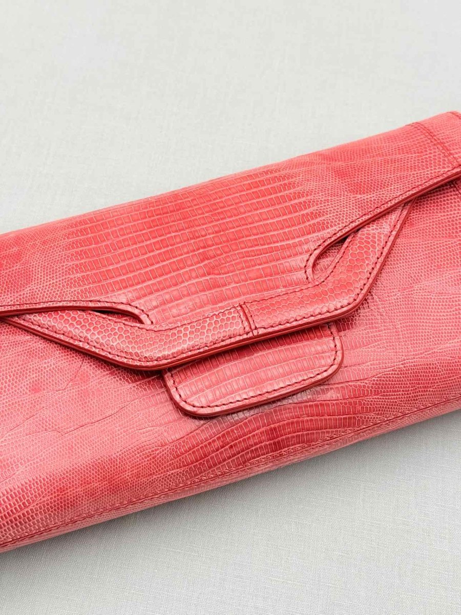 Pre-loved SERGIO ROSSI Coral Lizard Embossed Clutch at Reems Closet