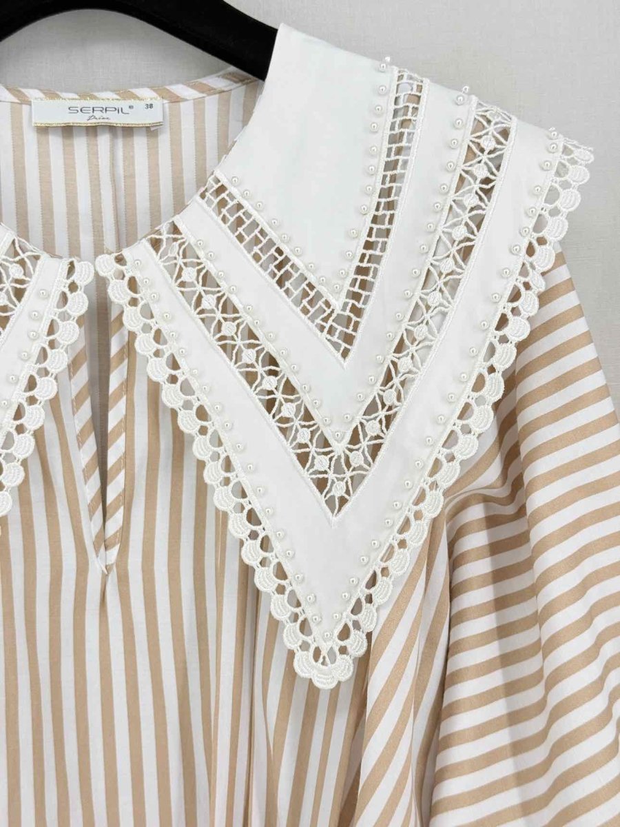 Pre-loved SERPIL Beige & White Striped Size US 6 Long Dress at Reems Closet
