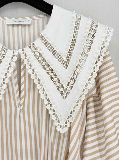 Pre-loved SERPIL Beige & White Striped Size US 6 Long Dress at Reems Closet