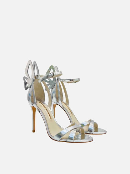 Pre - loved SOPHIA WEBSTER Butterfly Silver Heeled Sandals at Reems Closet