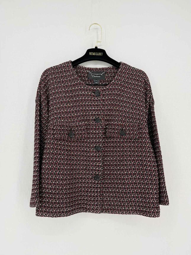 Pre - loved ST. JOHN COUTURE Red, Black & Beige Size US 14 Cardigan at Reems Closet