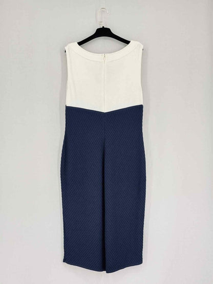 Pre-loved ST. JOHN Cream & Navy Blue Size US 16 Knee Length Dress at Reems Closet