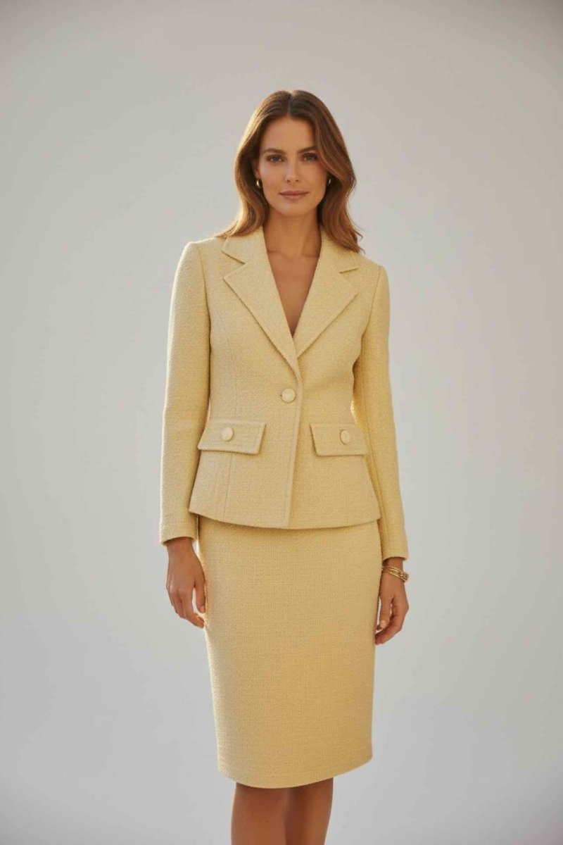 Pre-loved ST. JOHN Knit Yellow Size US 6 Jacket & Skirt at Reems Closet