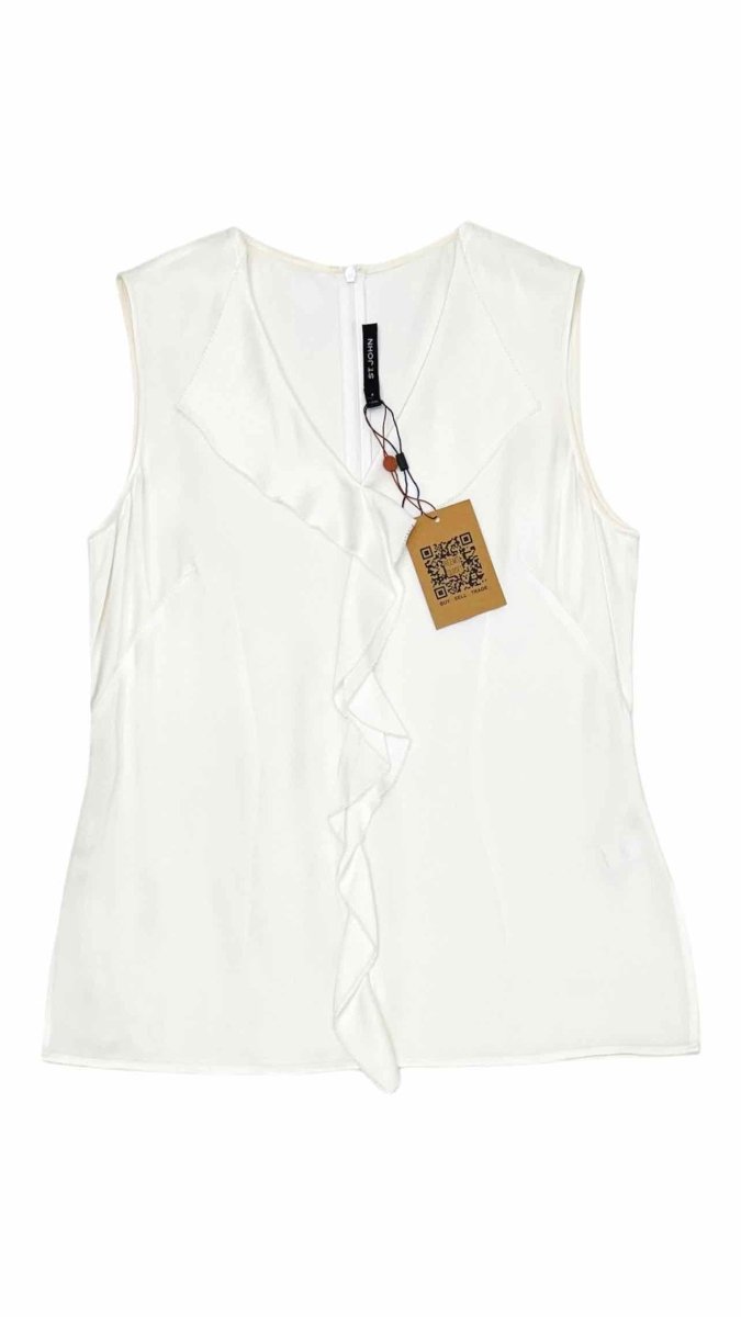 Pre - loved ST. JOHN Ruffle Trim White Sleeveless Top at Reems Closet