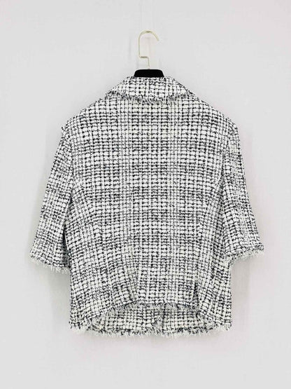 Pre-loved ST. JOHN Tweed Fringe White & Black Size US 14 Jacket at Reems Closet