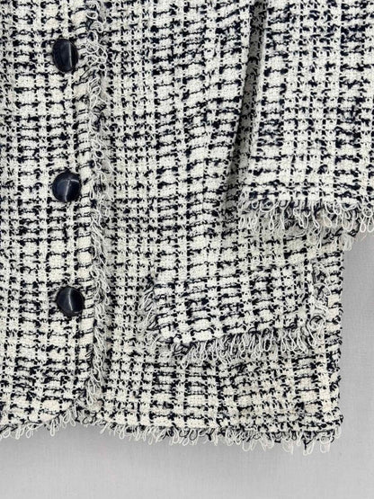 Pre-loved ST. JOHN Tweed Fringe White & Black Size US 14 Jacket at Reems Closet