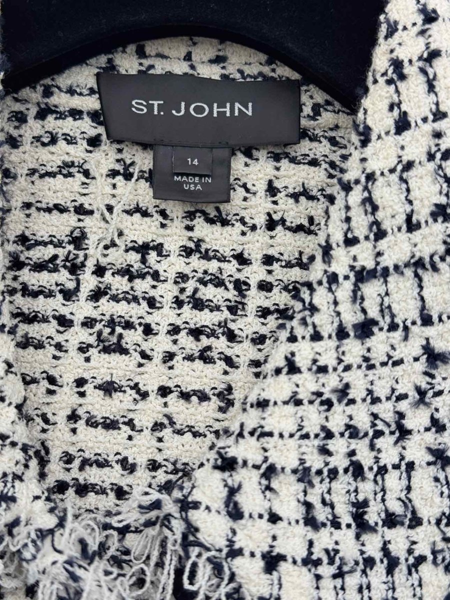 Pre-loved ST. JOHN Tweed Fringe White & Black Size US 14 Jacket at Reems Closet