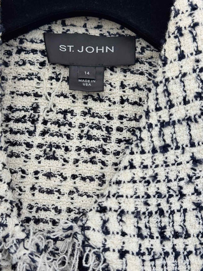 Pre-loved ST. JOHN Tweed Fringe White & Black Size US 14 Jacket at Reems Closet