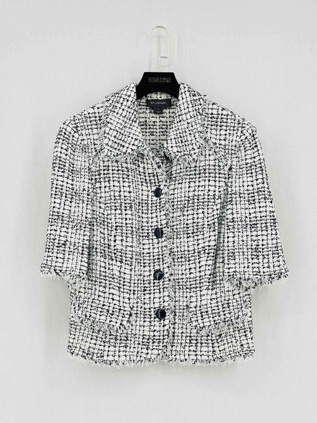Pre-loved ST. JOHN Tweed Fringe White & Black Size US 14 Jacket at Reems Closet