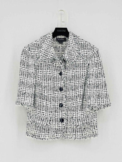 Pre-loved ST. JOHN Tweed Fringe White & Black Size US 14 Jacket at Reems Closet