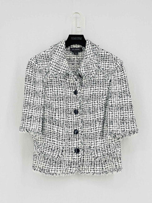 Pre-loved ST. JOHN Tweed Fringe White & Black Size US 14 Jacket at Reems Closet