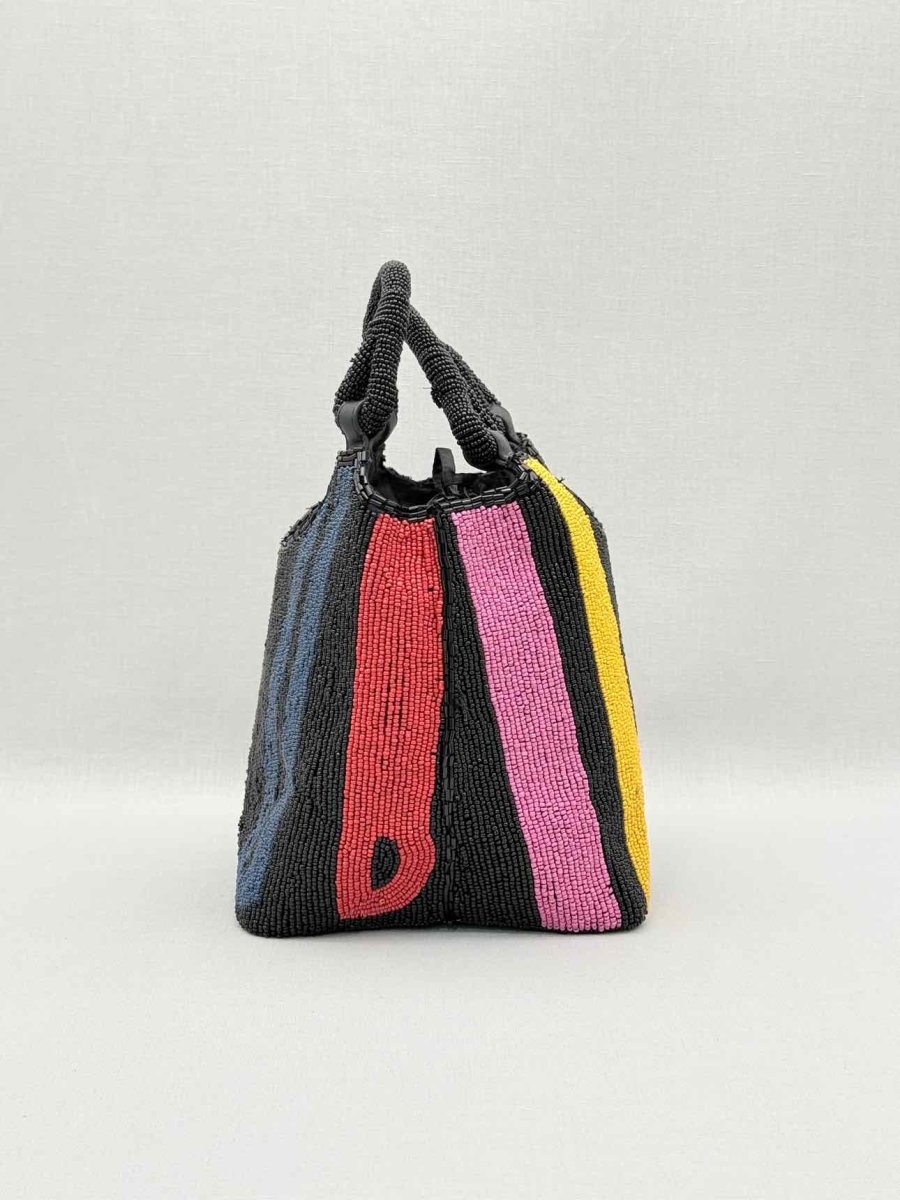Pre-loved STAUD Cote Black Multicolor Mosaic Stripe Bucket Bag at Reems Closet