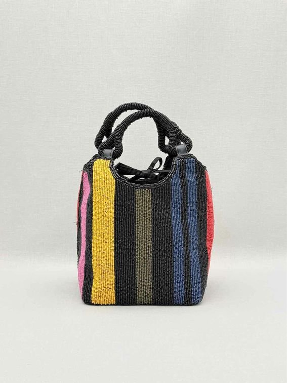 Pre-loved STAUD Cote Black Multicolor Mosaic Stripe Bucket Bag at Reems Closet
