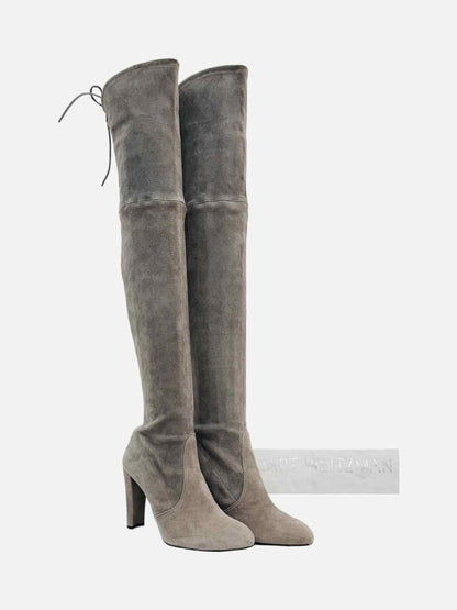 Pre - loved STUART WEITZMAN Highland Taupe Thigh High Boots at Reems Closet