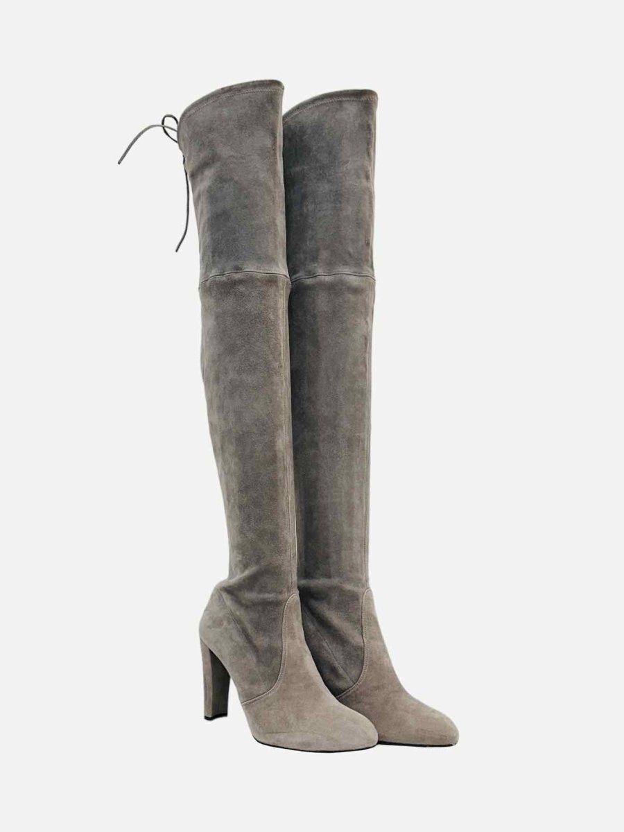 Pre - loved STUART WEITZMAN Highland Taupe Thigh High Boots at Reems Closet