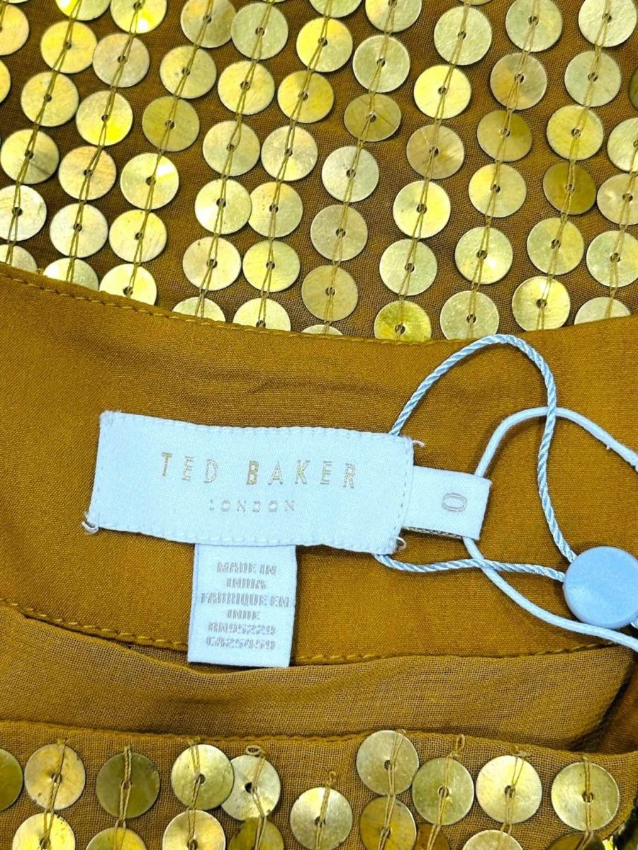 Pre - loved TED BAKER Gold Size US 0 Midi Skirt at Reems Closet