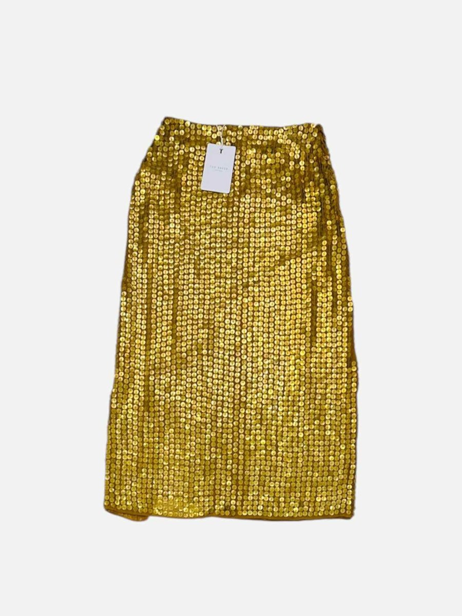 Pre - loved TED BAKER Gold Size US 0 Midi Skirt at Reems Closet