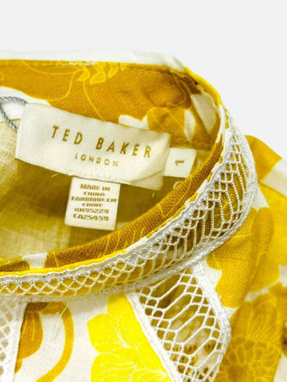 Pre - loved TED BAKER Mini White & Yellow Printed Mini Dress at Reems Closet