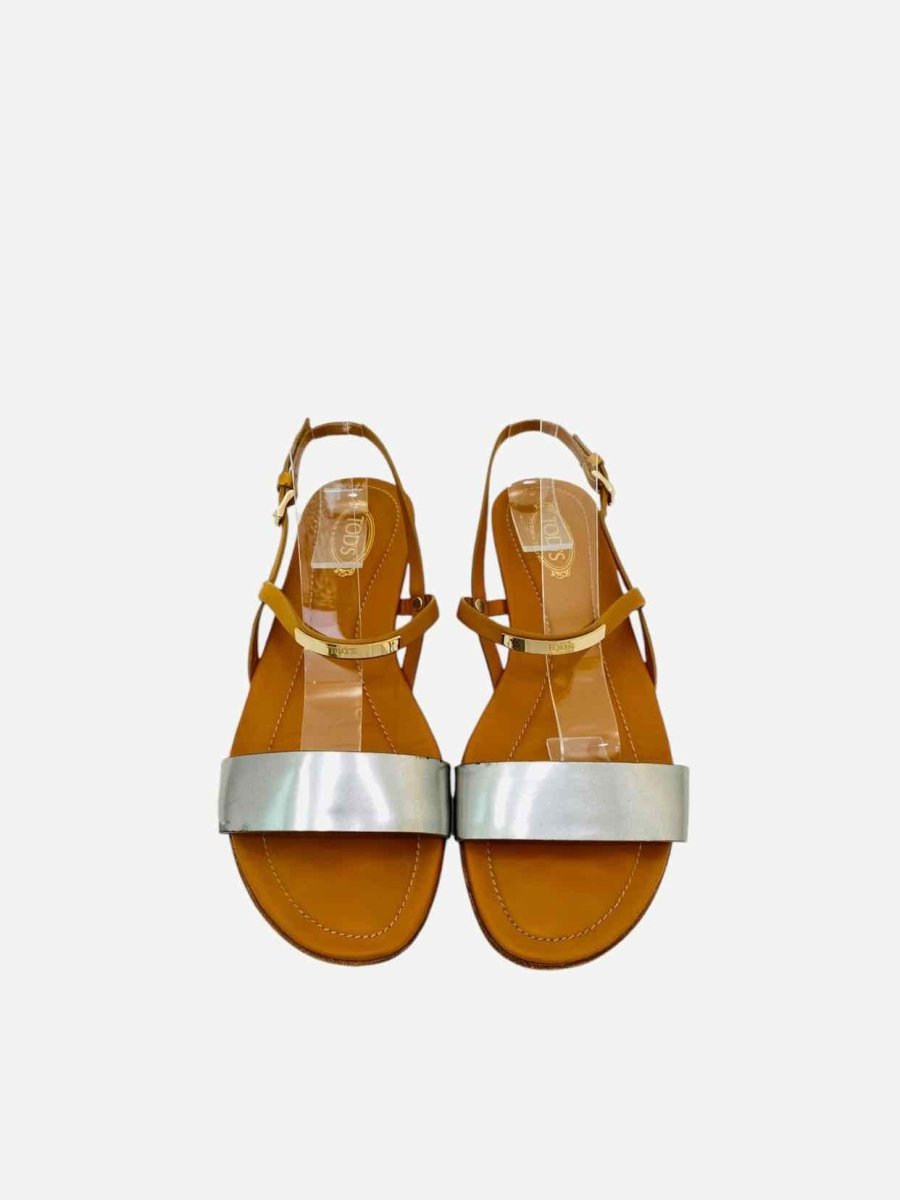 Pre - loved TOD'S Slingback Silver & Brown Sandals at Reems Closet