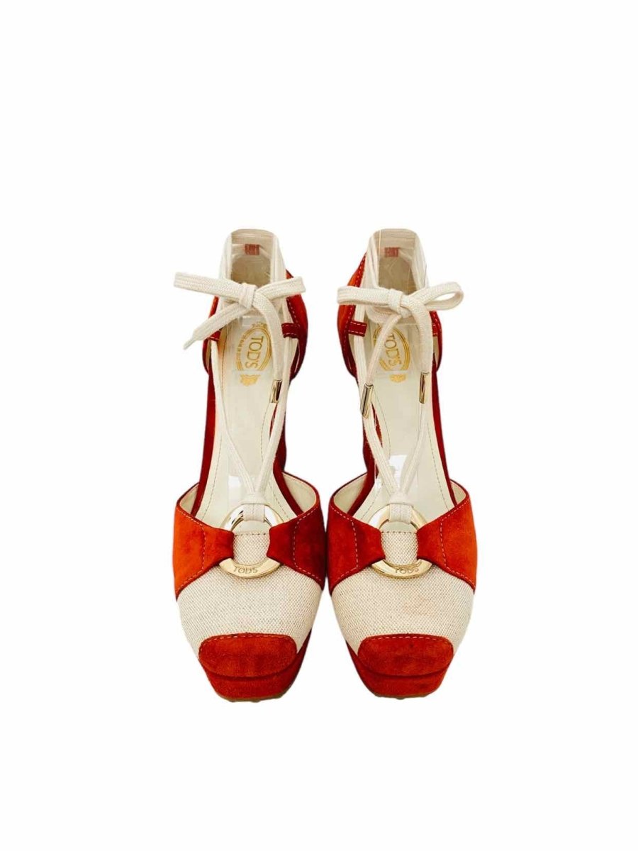 Pre - loved TOD'S Wedge Red w/ White & Black Wedges 38 at Reems Closet