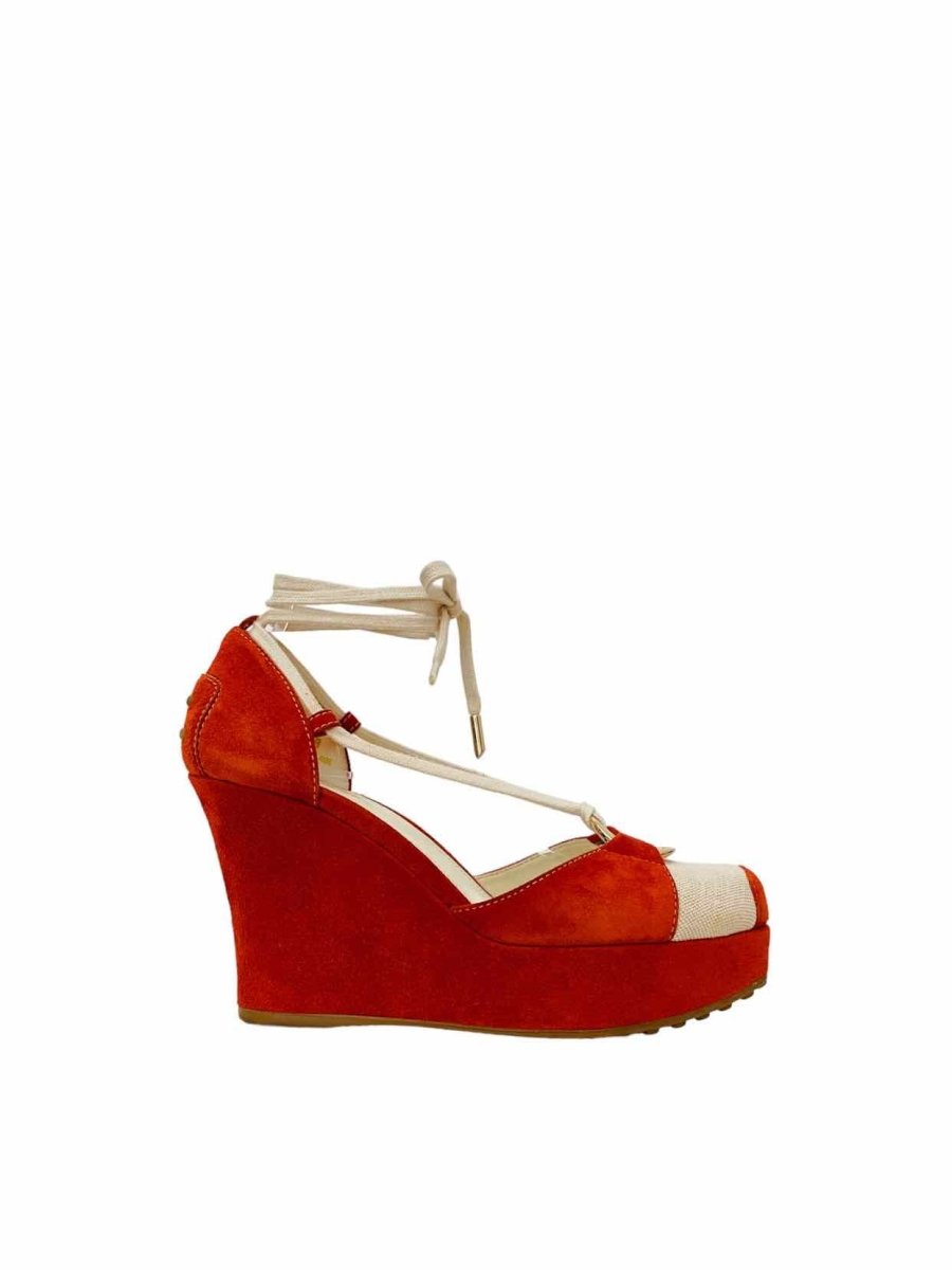 Pre - loved TOD'S Wedge Red w/ White & Black Wedges 38 at Reems Closet