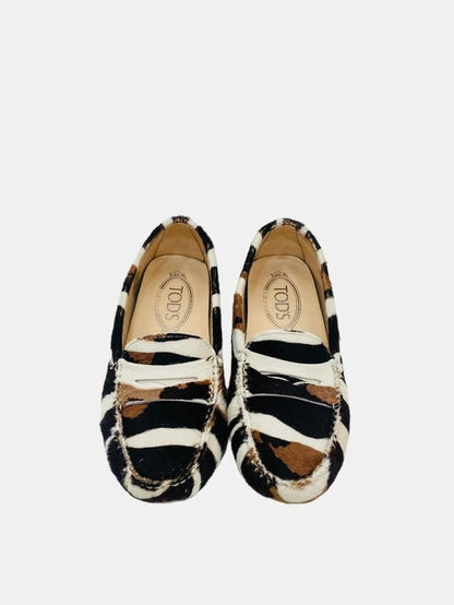 Pre - loved TOD'S White, Brown & Black Zebra Print Loafers 35.5 at Reems Closet