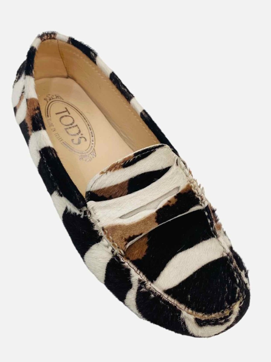 Pre - loved TOD'S White, Brown & Black Zebra Print Loafers 35.5 at Reems Closet