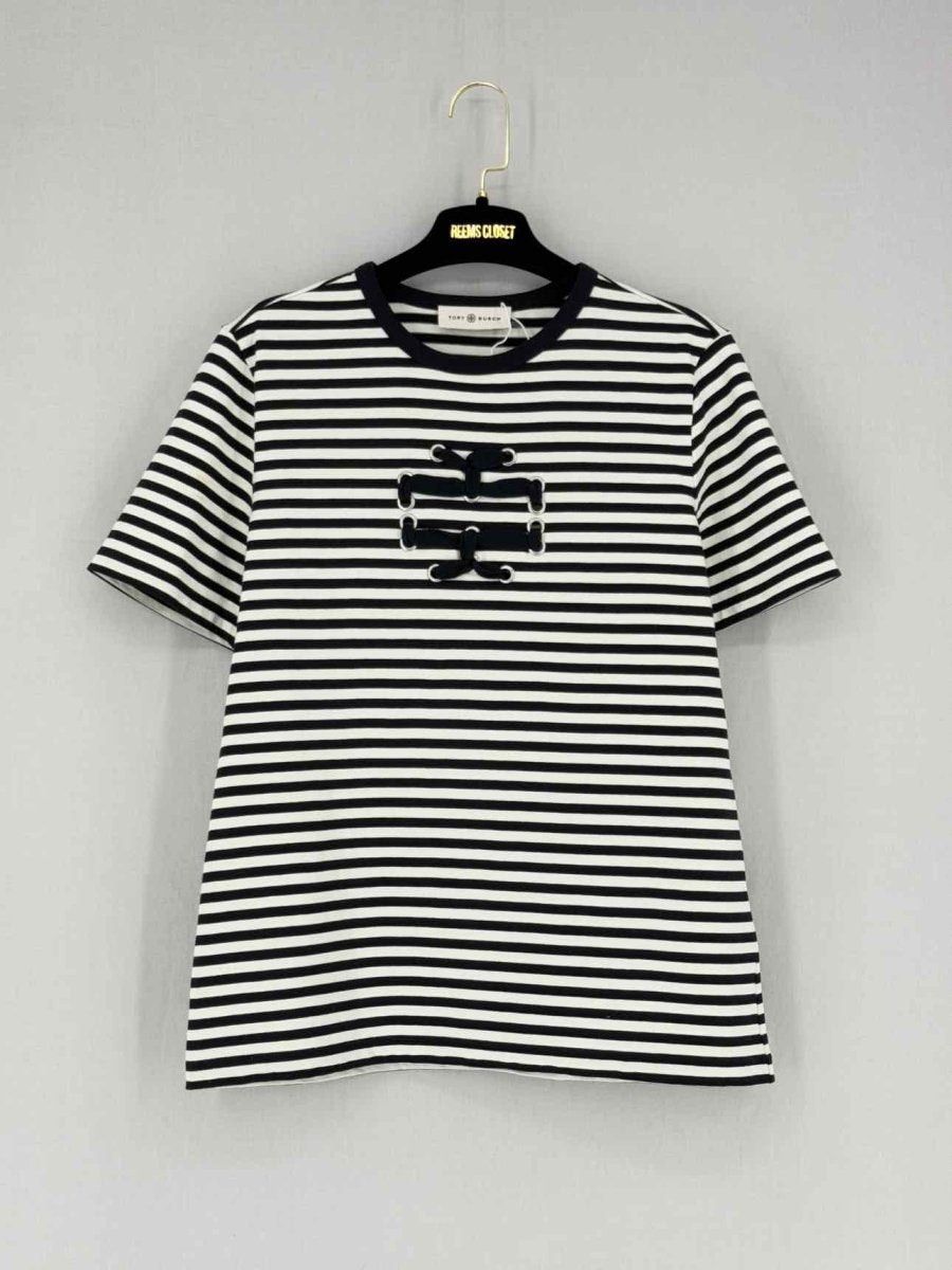 Pre - loved TORY BURCH Black & White Striped Size Medium Top at Reems Closet
