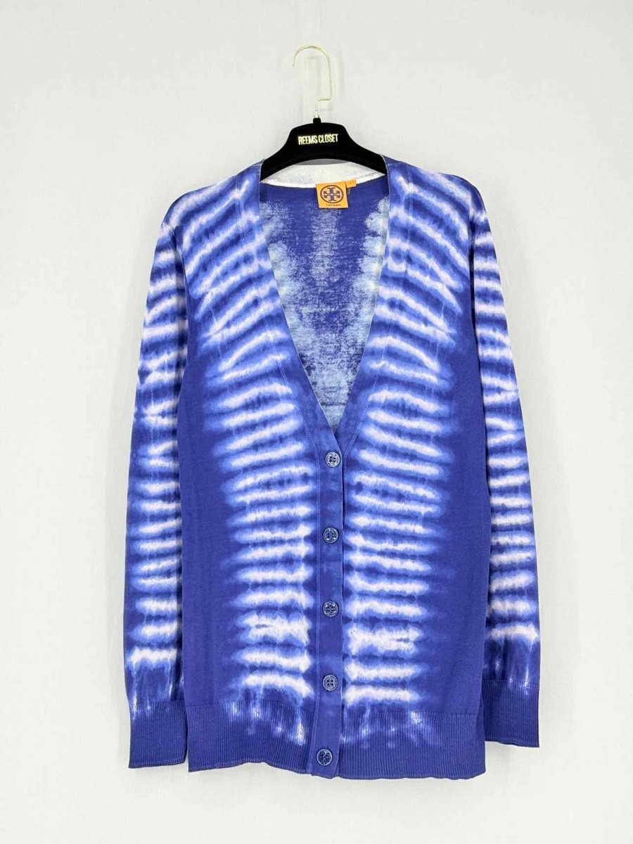 Pre - loved TORY BURCH Blue & White Tie - dye Size Large Cardigan at Reems Closet