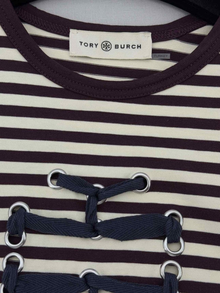 Pre - loved TORY BURCH Brown & White Striped Size Medium Top at Reems Closet