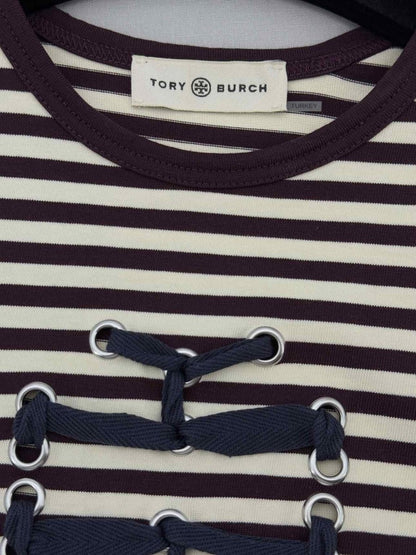 Pre - loved TORY BURCH Brown & White Striped Size Medium Top at Reems Closet