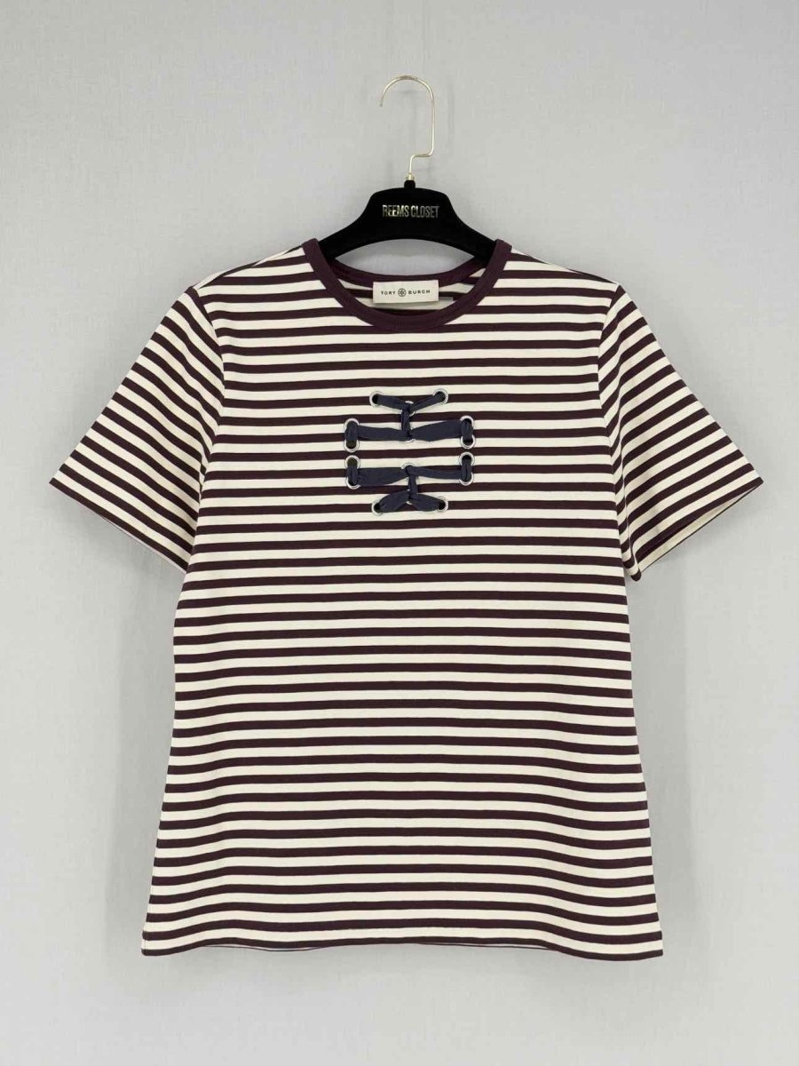 Pre - loved TORY BURCH Brown & White Striped Size Medium Top at Reems Closet