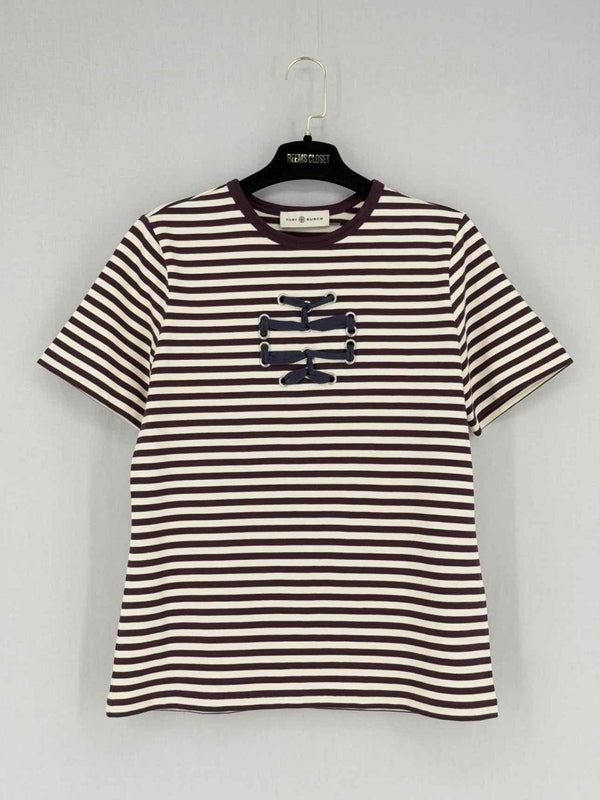 Pre - loved TORY BURCH Brown & White Striped Size Medium Top at Reems Closet