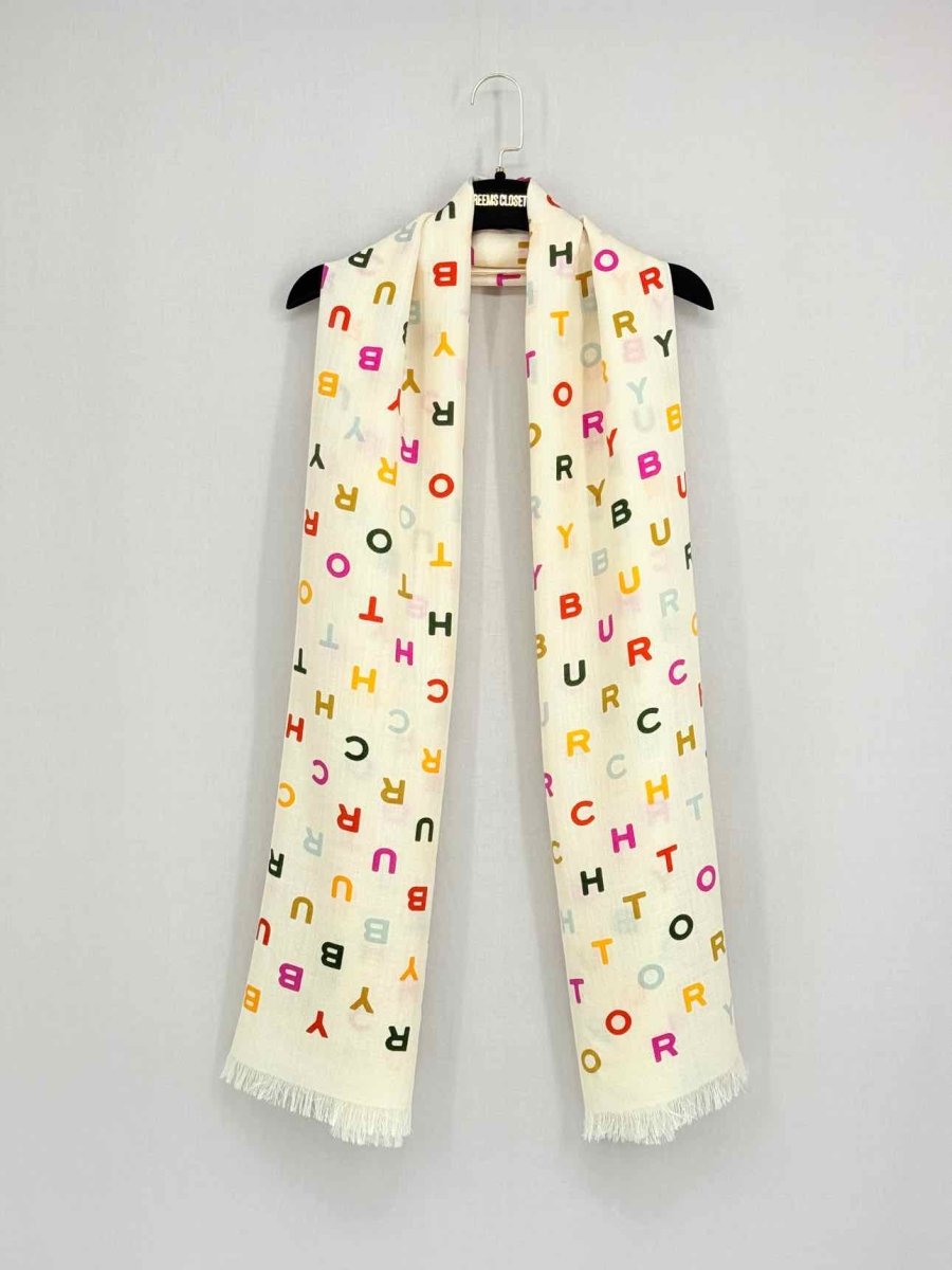 Pre - loved TORY BURCH Cream Letters Scarf at Reems Closet