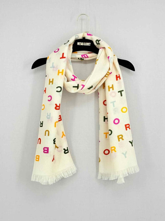 Pre - loved TORY BURCH Cream Letters Scarf at Reems Closet