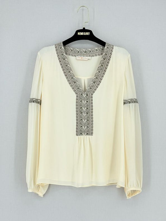 Pre - loved TORY BURCH Cream w/ Grey & Red Size US 4 Blouse at Reems Closet