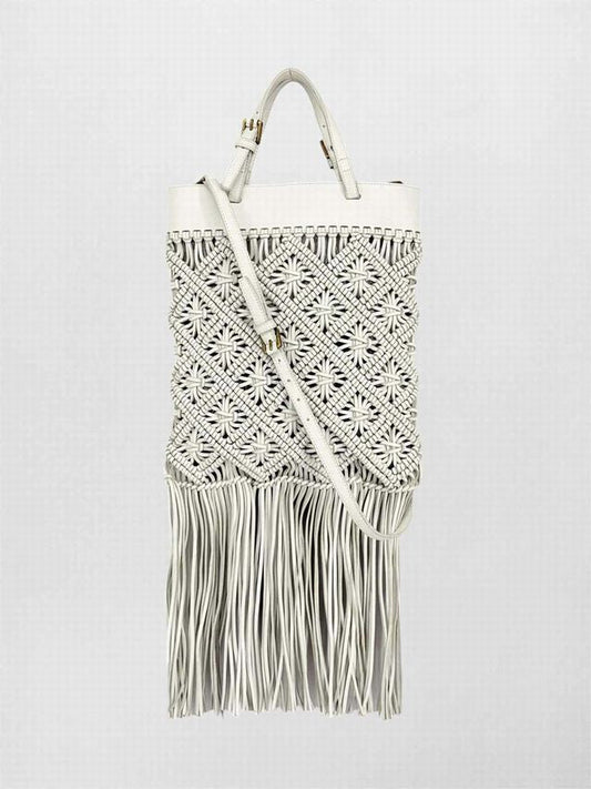 Pre-loved TORY BURCH Macrame Fringe Off-white Woven Crossbody at Reems Closet