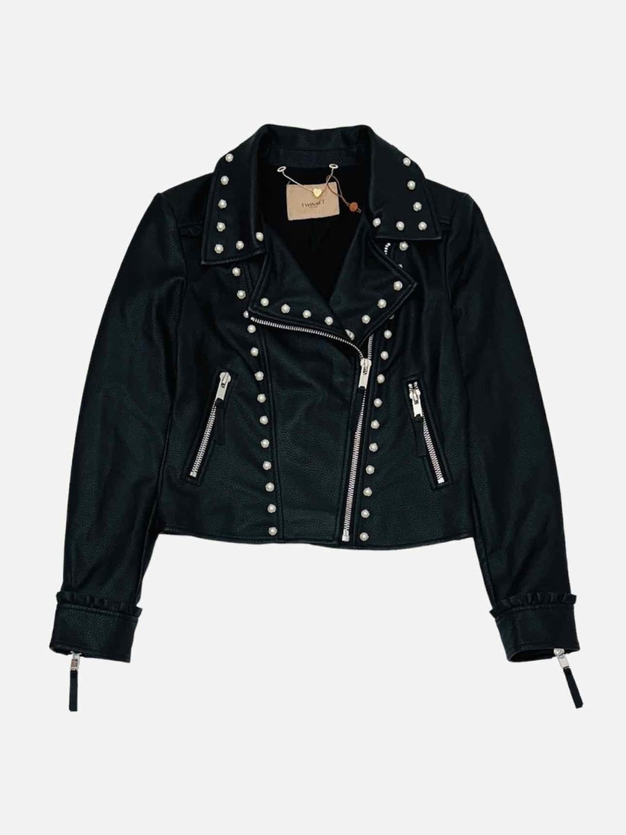 Pre - loved TWIN - SET Leather Black Pearl Embellished Jacket at Reems Closet