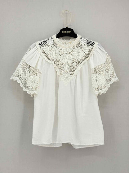 Pre - loved ULLA JOHNSON Sofia White Scalloped Size US 4 Blouse at Reems Closet