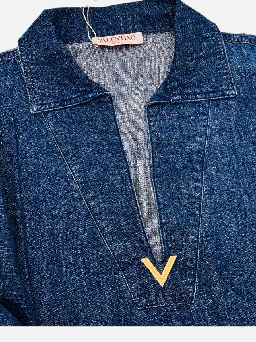 Pre - loved VALENTINO Chambray Denim Blue V Gold Detail Top at Reems Closet