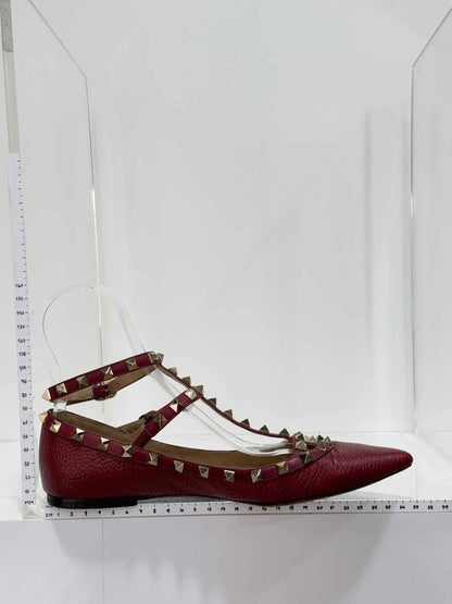 Pre - loved VALENTINO GARAVANI Rockstud Burgundy Size EU 38.5 Flats at Reems Closet