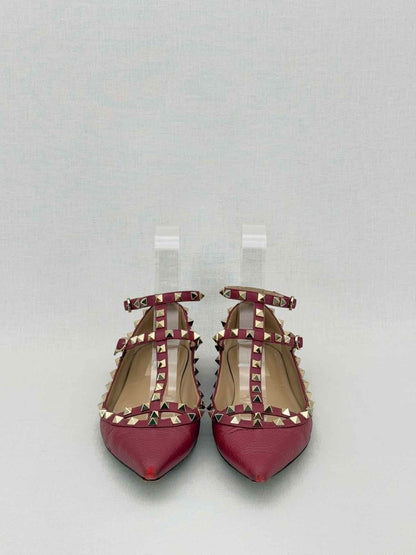 Pre - loved VALENTINO GARAVANI Rockstud Burgundy Size EU 38.5 Flats at Reems Closet