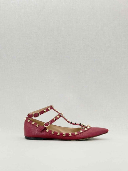 Pre - loved VALENTINO GARAVANI Rockstud Burgundy Size EU 38.5 Flats at Reems Closet