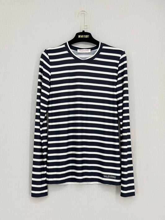 Pre - loved VALENTINO Long Sleeve Navy Blue & White Size Large Top at Reems Closet