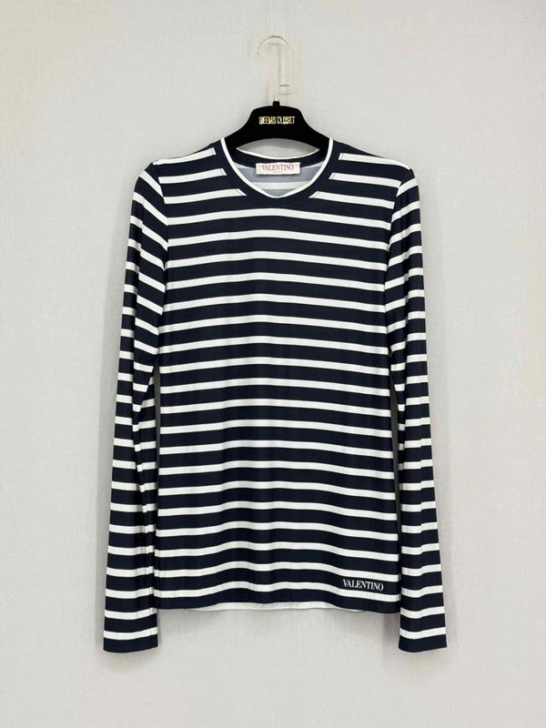 Pre - loved VALENTINO Long Sleeve Navy Blue & White Size Large Top at Reems Closet
